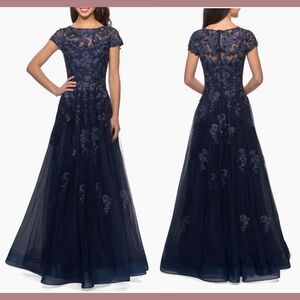 NEW $619 La Femme [ 10 ] Embellished Mesh A-Line Ball Gown 26907‎ Navy Blue